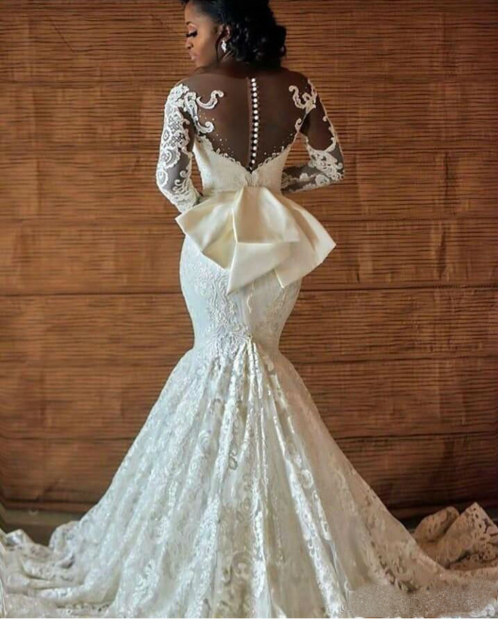 2019 African Mermaid Wedding Dresses Long Sleeve Lace Applique Plus Size Wedding Dress Bridal Gowns Buttons Back Vintage Vestido De Novia