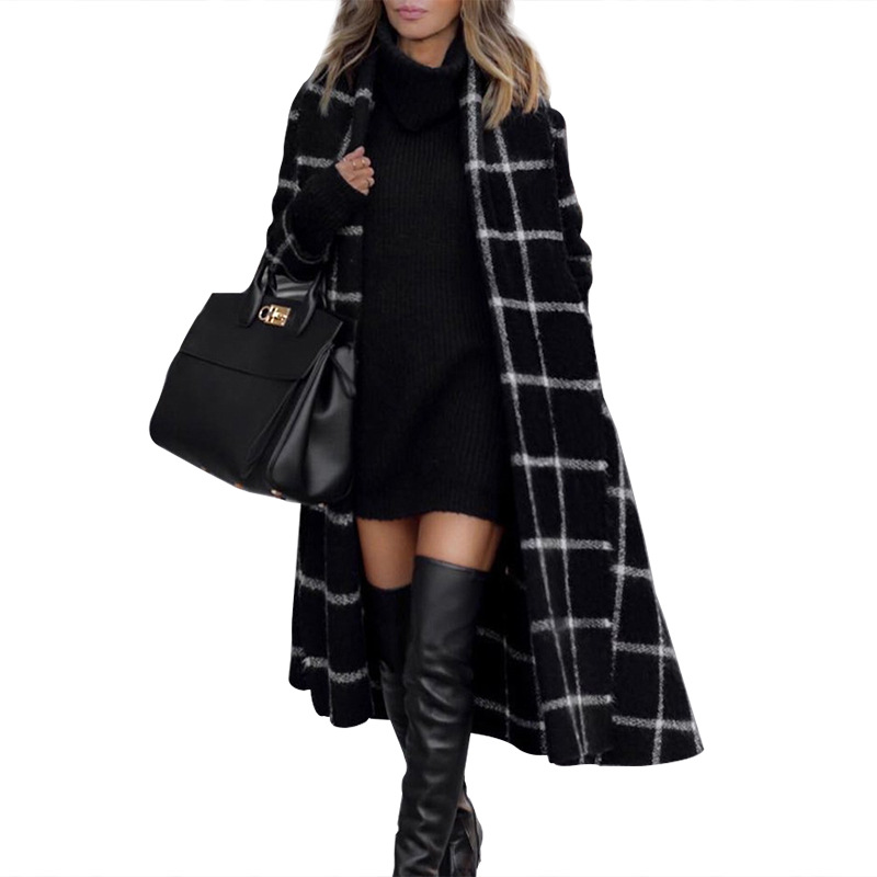 Autumn and Winter Woolen Coat Womens Lattice Long Sleeve Lapel Thin Bandage Long Coat Female Fashion Women Black Coat, As picture
Autumn and Winter Woolen Coat Womens Lattice Long Sleeve Lapel Thin Bandage Long Coat Female Fashion Women Black Coat, As picture