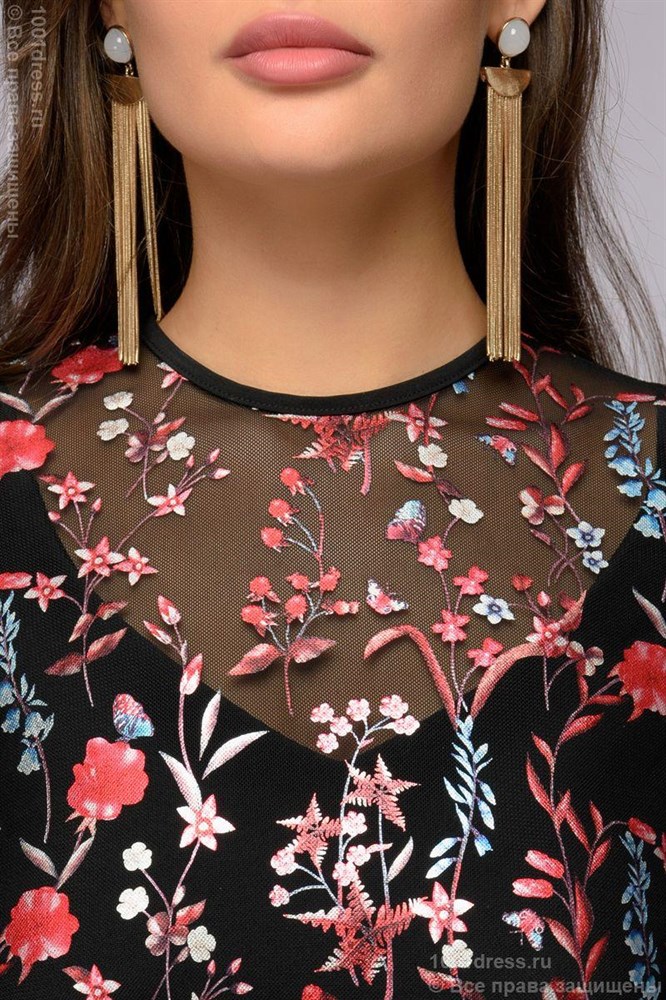 Sexy Women Autumn Floral Embroidery Knee-Length Dress Sheer Mesh Vintage Boho A-line See-through Black 2019 Elegant Vestidos