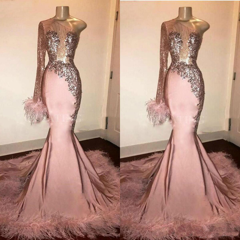 Glitter Sequin Prom Dresses Mermaid Long Sleeves Feathers Lace One Shoulder African Formal Evening Gowns vestido Black Girl Wear