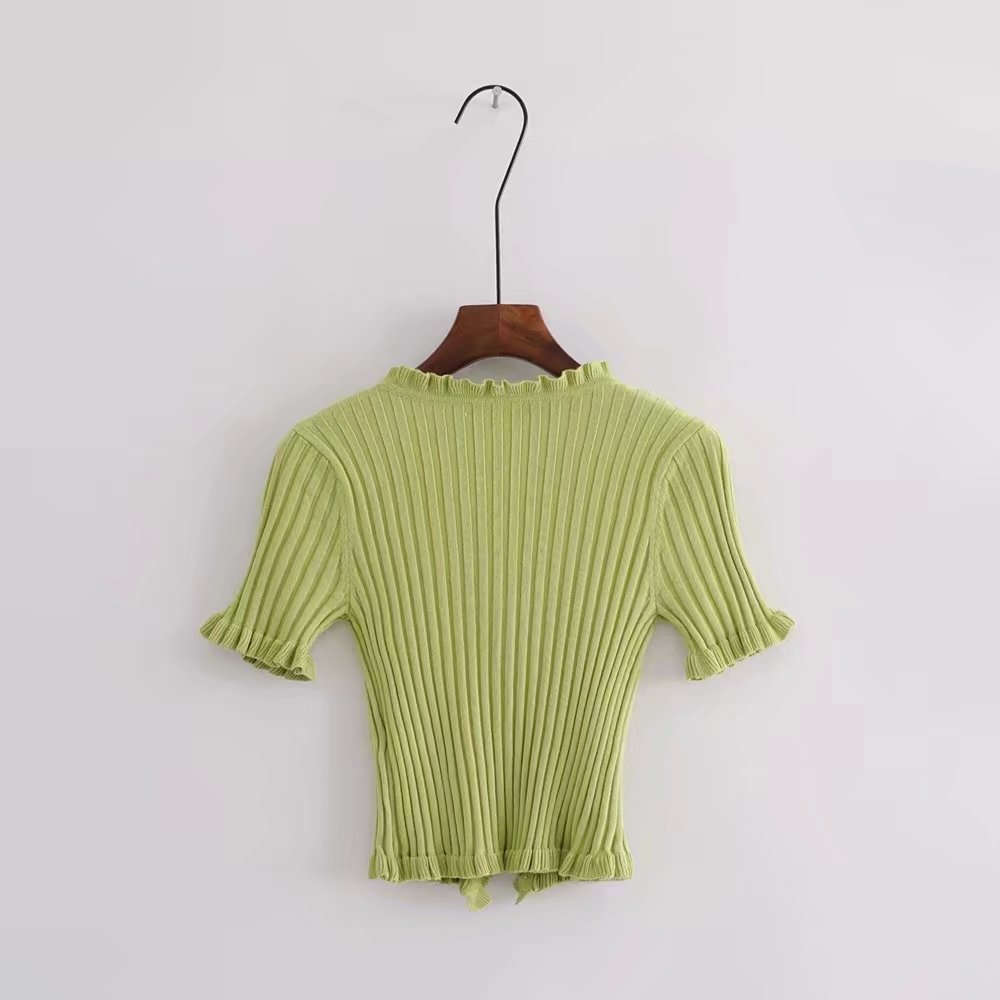 2019 Autumn Knit Sweater Female Women Ruffle Trim Crop Knit Cardigan With Short Sleeve Deep V Neck Crop Casual Jumper Pu
