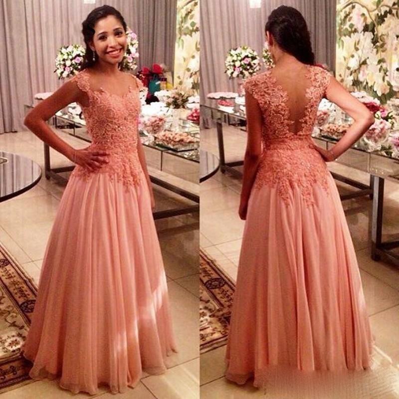 Pink Prom Dress Beaded Appliques Party Gowns A-line Sheer Neck Cap Sleeve Girls Birthday Party Wear vestido de gala
