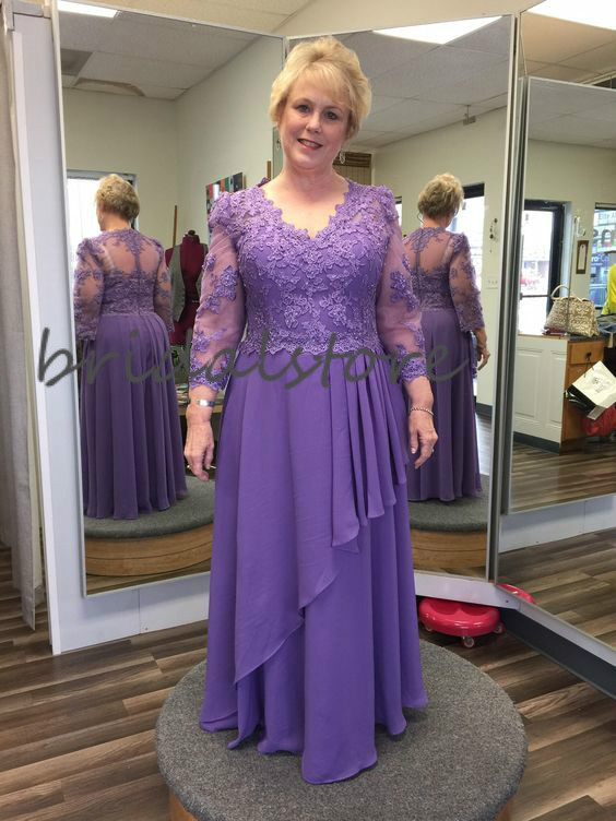 Plus Size Mother Of The Bride Dresses Lilac Sexy V Neck Floor Length Chiffon Evening Party Gowns Lace Long Sleeve Groom Mom Wear