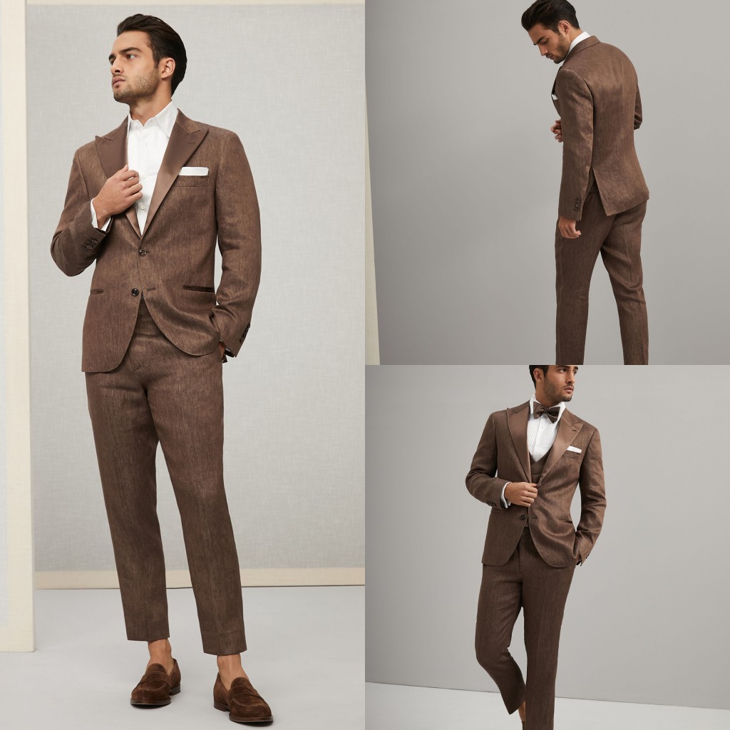 Brown Groom Tuxedos Mens Wedding Satin Peaked Lapel Pants Suits Best Men Jacket Blazer Prom/Dinner 2 Pieces (Jacket+Pants)