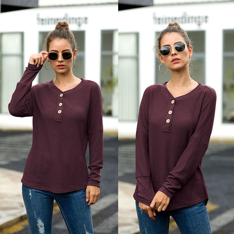 T-Shirt European women's explosion models Henry shirt buckle waffle knit T-shirt support mixed batch
