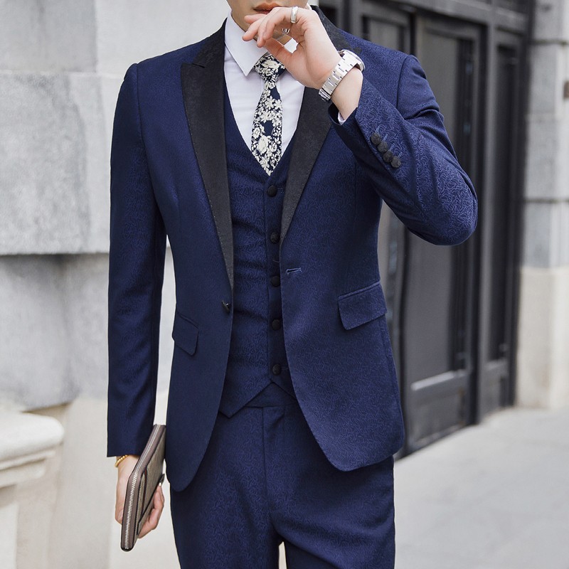 Handsome Three Pieces Groomsmen Suits Custom Made Modest Printed Pattern Slim Fit Mens Business Wedding Suits(Jacket+Vest+Pants)