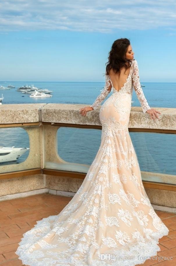 2019 Mermaid Long Sleeve Full Lace Wedding Dress Western Applique Summer Beach Backless Bridal Gown Plus Size Custom Made