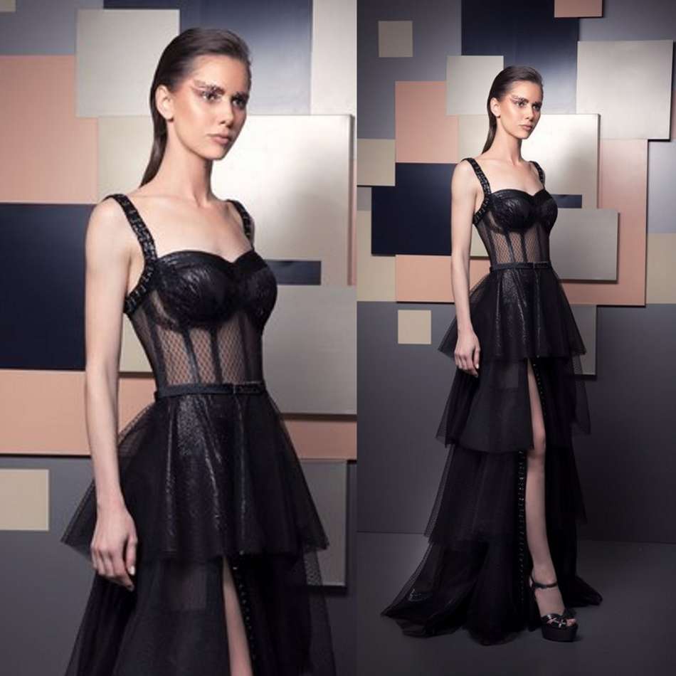 Sexy Black Prom Dresses Black Illusion Exposed Boning Dress With Tiered Ruffles Beads Side Split Evening Gowns Formal Party Dresses