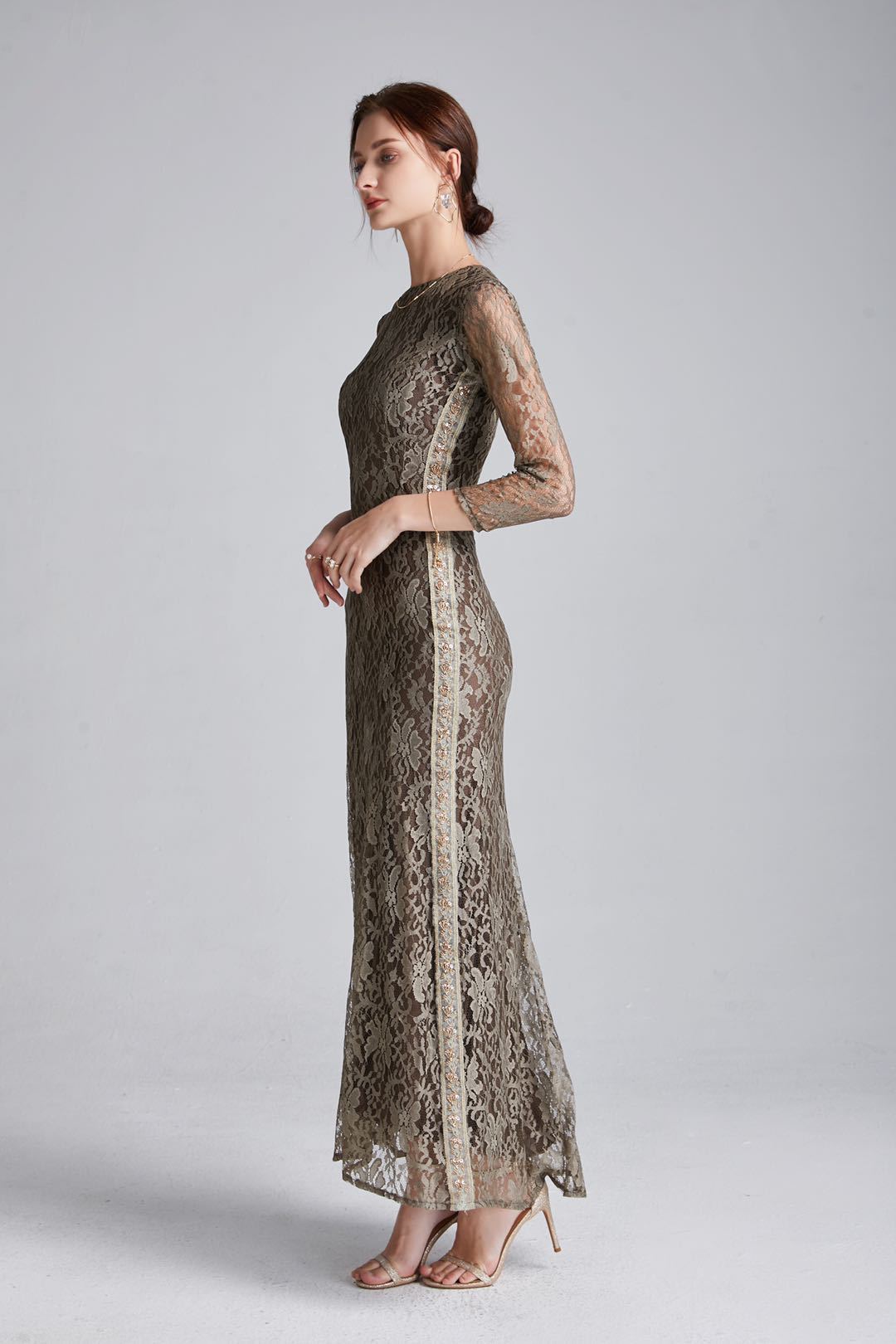 Women's Runway Dresses O Neck 3/4 Sleeves Beaded Sequined Lace Fashion Long Party Prom Dresses