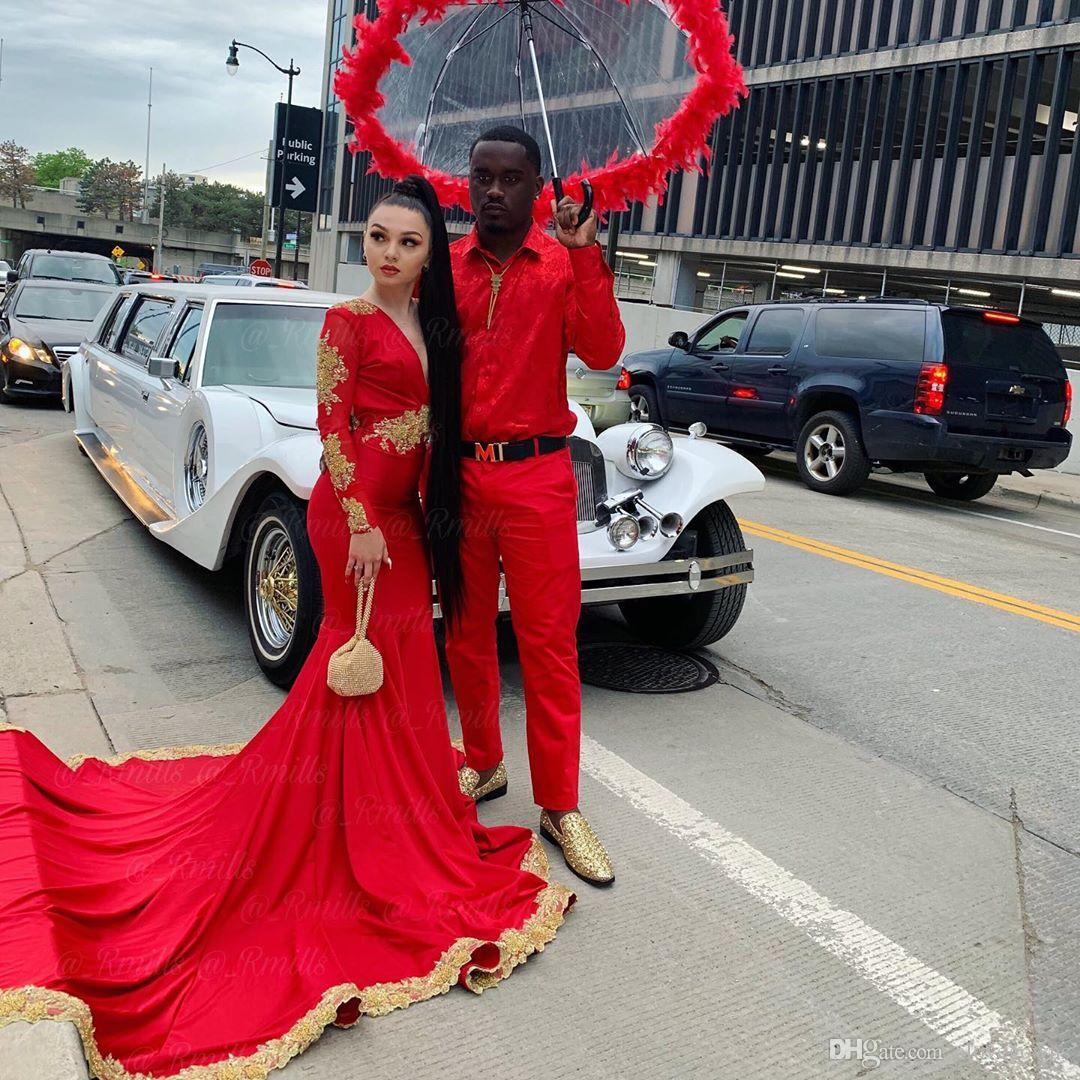 Red Black Girls Mermaid Prom Dresses V Neck Sweep Train Party Dresses Long Sleeve Special Occasion Dress
