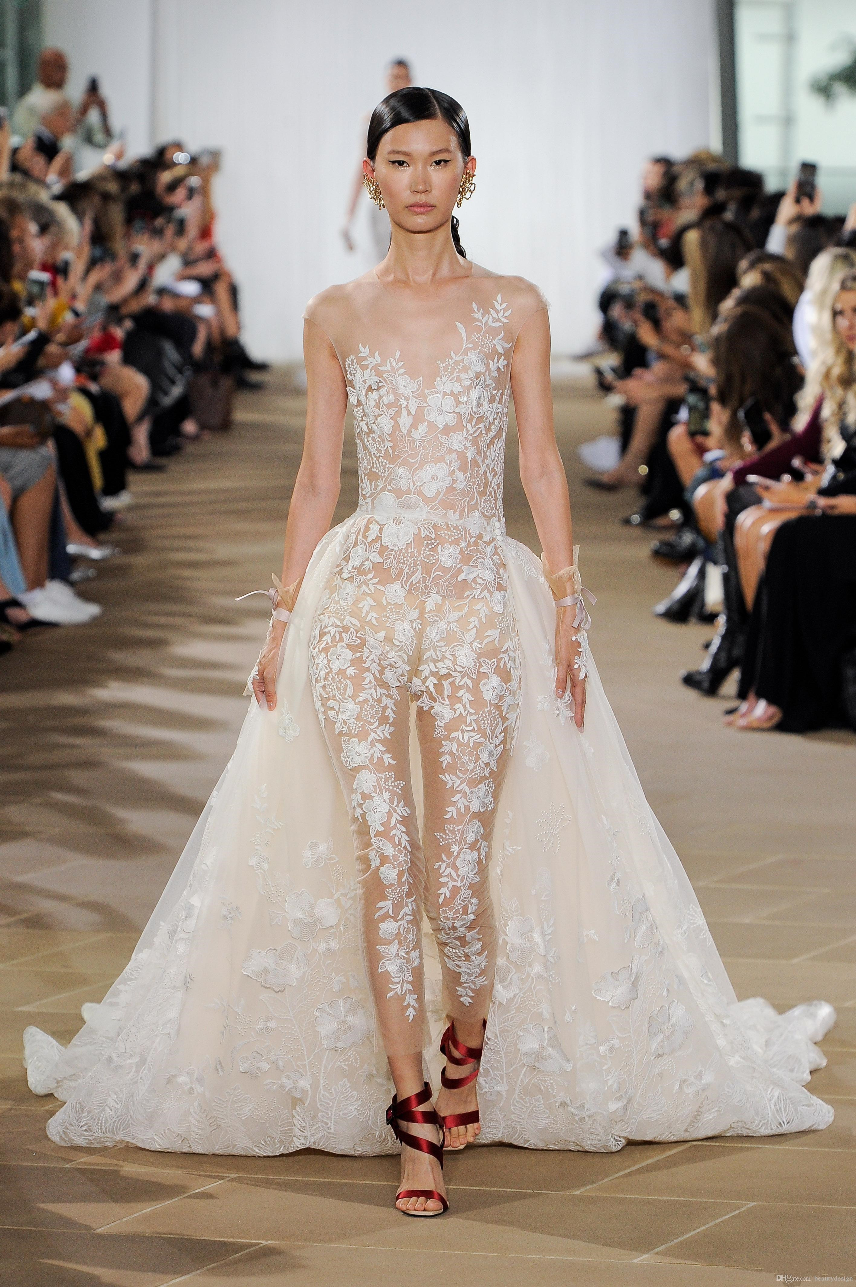 Jumpsuits Wedding Dresses Sheer Jewel Neck Lace Appliqued Bridal Gown With Detachable Train Boho Wedding Dress Cheap Vestidos De Novia