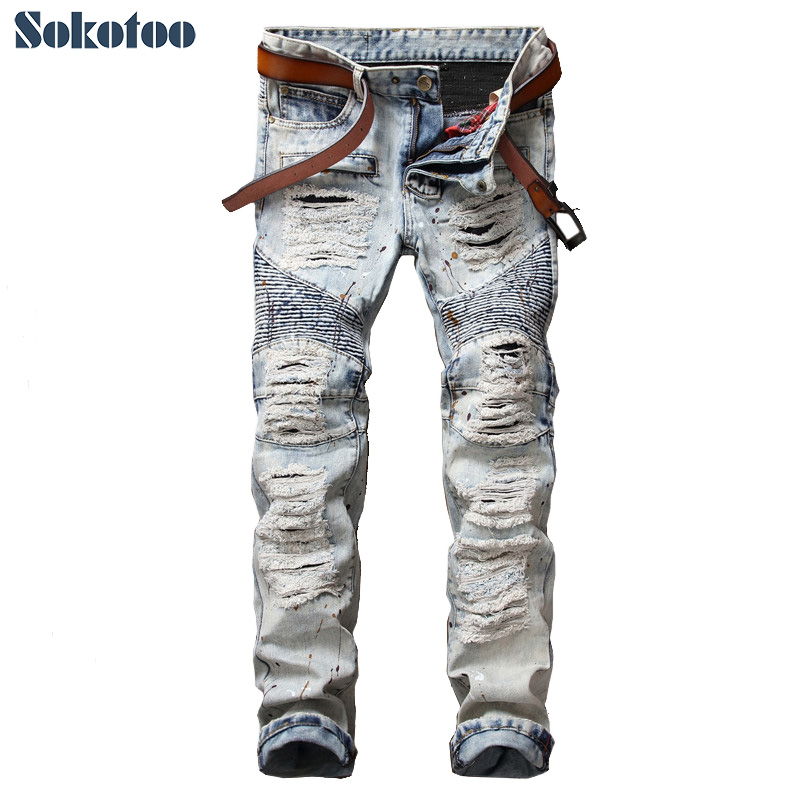 Sokotoo Men's casual painted holes ripped biker jeans for moto Vintage light blue slim straight denim pants Long trousers
Sokotoo Men's casual painted holes ripped biker jeans for moto Vintage light blue slim straight denim pants Long trousers