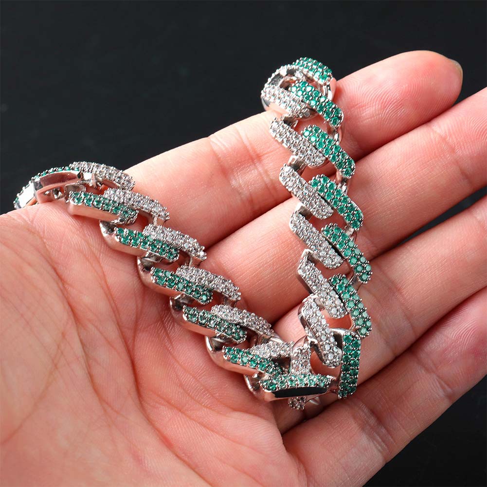 Mint Green Cuba Chain Bracelet Men's Hip Hop Full Diamond Stone Platinum Plated Geometric Shape Bangle