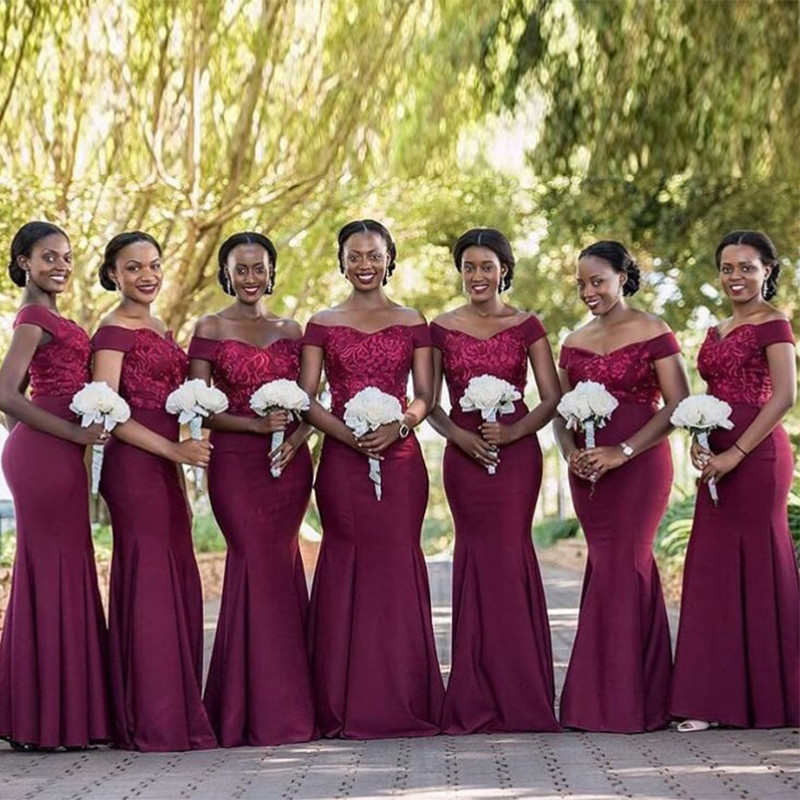 Off The Shoulder Burgundy Bridesmaid Dress Mermaid Style Appliques Elastic Satin Long Maid Of Honor Dresses 2020 Robe De Soiree