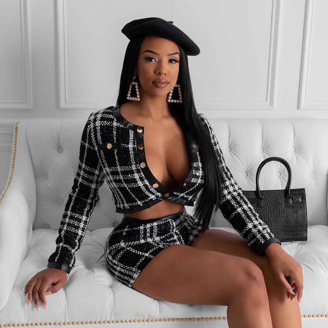 ANJAMANOR Sexy Tweed Plaid 2 Piece Sets Womens Outfits Fall Winter Long Sleeve Sweater Woolen Coat Short Matching Set D48AH