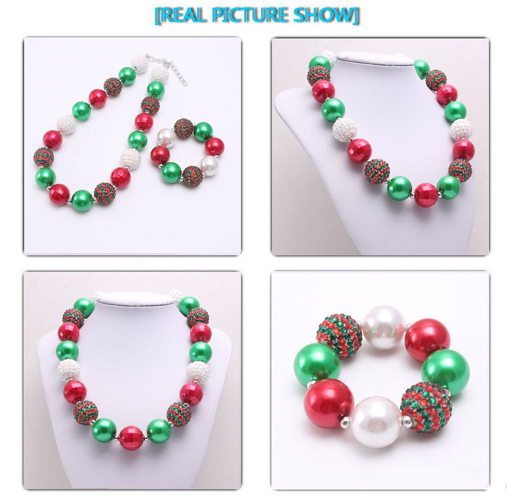 Christmas Girl Chunky Necklace bracelet 2pcs Set bubble beads boutique holiday Jewelry Sets Children Girl Gift