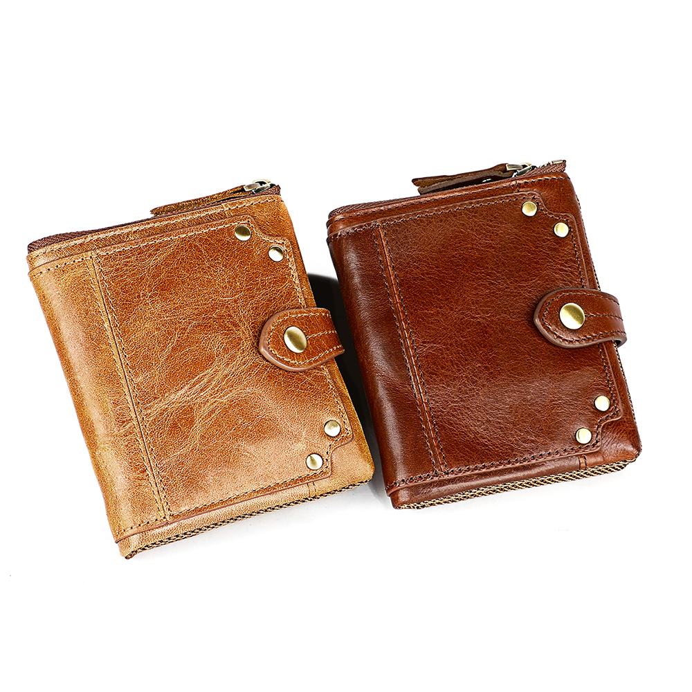 RFID Blocking Genuine Leather Short Fold Over Wallet Women Men Anti-theft Brush Card Holder Zip Purses Banknote Pocket Cowhide Wallets Gift, 2 colors for choice