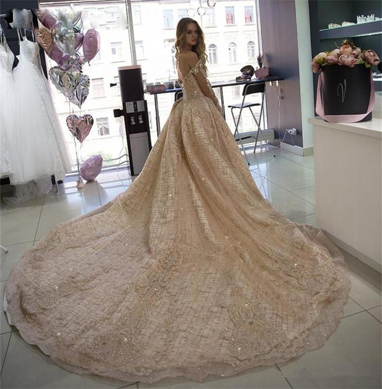 Off Shoulder Champagne Mermaid Prom Dresses with Detachable Train Lace Long Sleeves Sequined Evening Gowns Lace Up robes de soirée