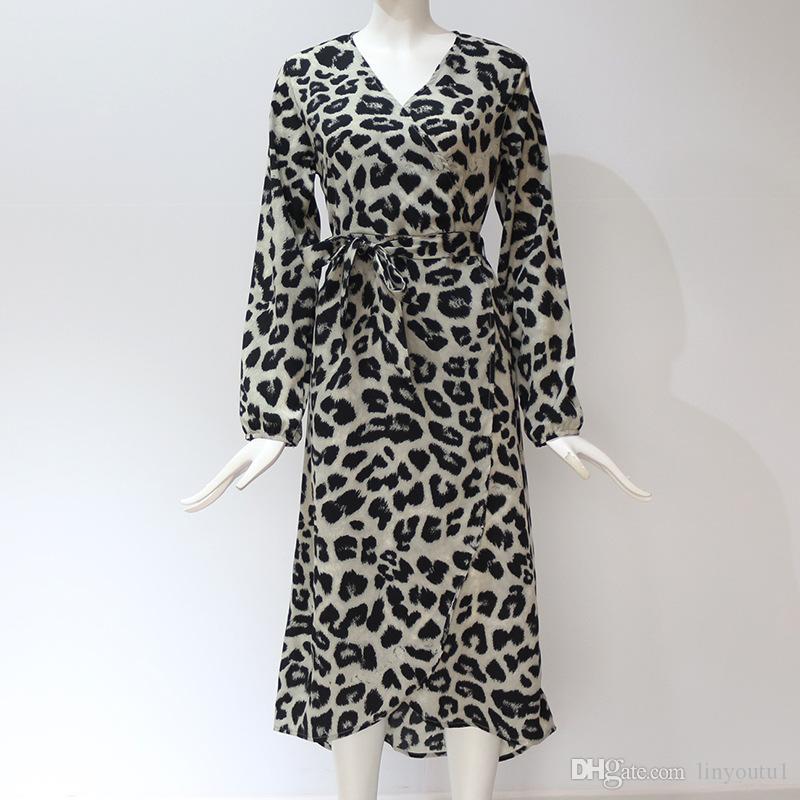 Leopard Dress 2020 Women Chiffon Long Beach Dress Loose Long Sleeve Deep V-neck A-line Sexy Party Dress