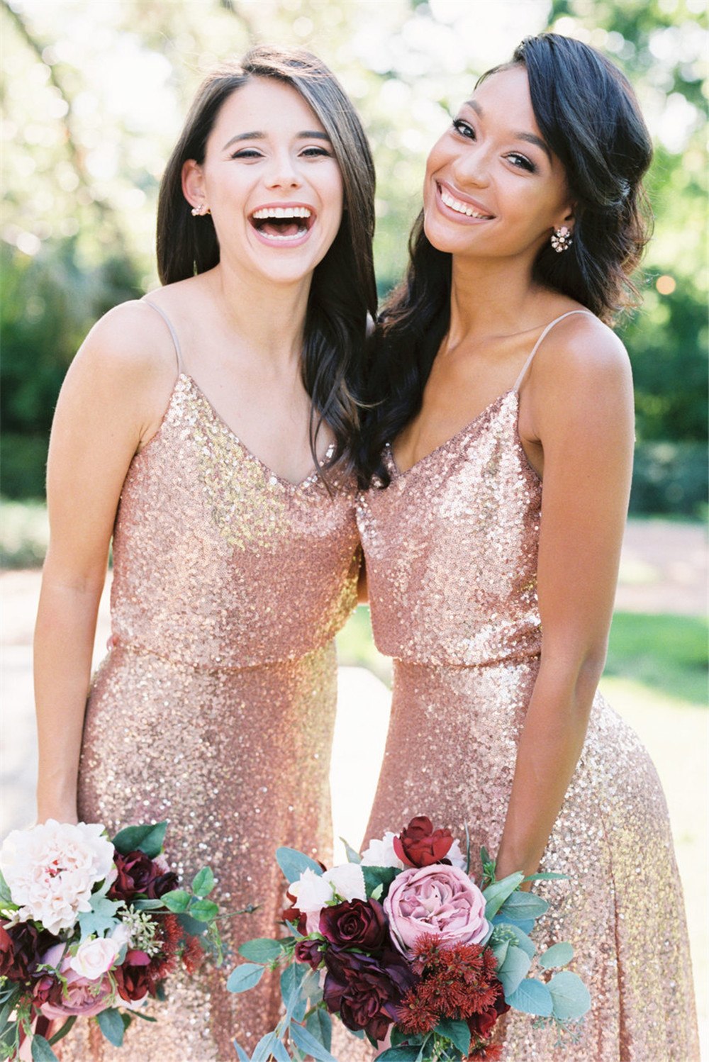 Long Rose Gold Sequins Country Bridesmaid Dresses South African Spaghetti Straps Full Length Summer Beach Maid of Honor Cheap Backless Gowns