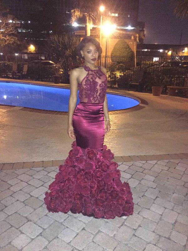 African Prom Dresses Black Girls Mermaid Sheer Lace Appliques Jewel Neck Evening Dresses 3D Hand Made Rose Flower Pageant Gowns