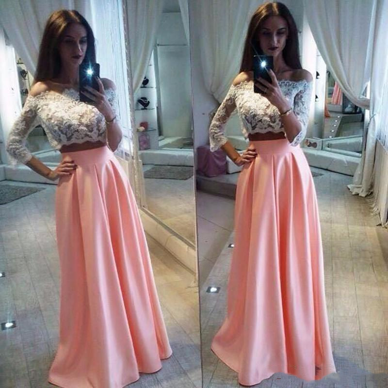 2019 Two Piece Dresses Long Sleeve Party Illusion Off The Shouder Formal Prom Gowns Sweet 16 Graduation Dress Lace Corset 0510