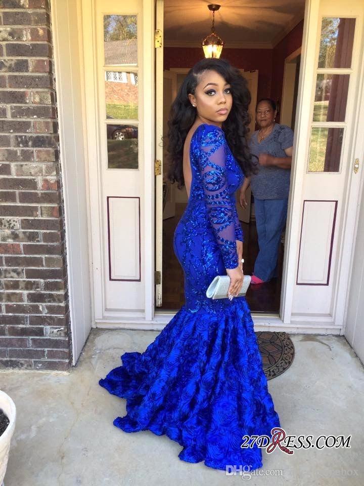 2019 Royal Blue Prom Dresses Jewel Neck Lace Appliqued Sweep Train Long Sleeve Evening Gowns Sexy Backless African Formal Party Dress