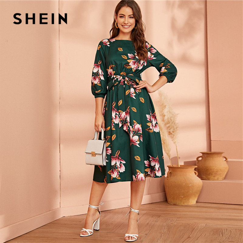 

SHEIN Green Abaya Elastic Waist Belted Floral High Waist Dress Women Spring Autumn Bishop Sleeve Flared Elegant Long Dresses