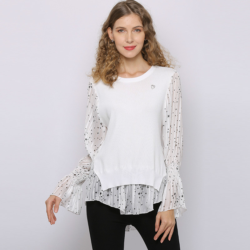 O-neck Women Sweater Tops Spring Summer Star Print Flared Sleeves Stitching Ruffles Fake Two Piece Sweater Blouses Women T20625, Black
O-neck Women Sweater Tops Spring Summer Star Print Flared Sleeves Stitching Ruffles Fake Two Piece Sweater Blouses Women T20625, Black