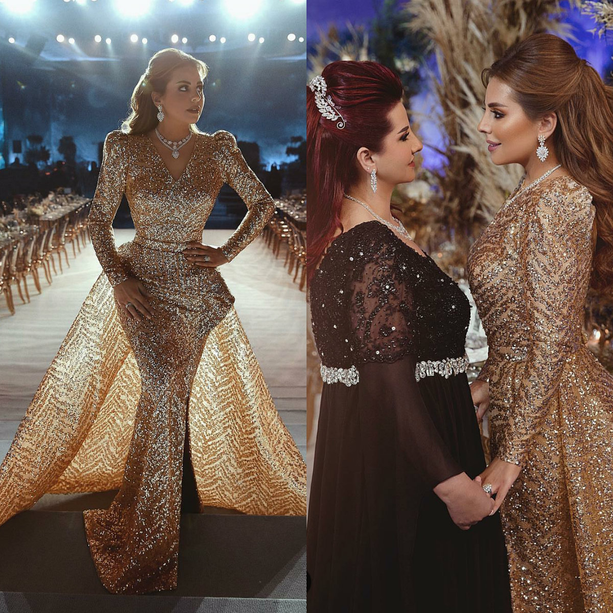 Luxury Gold Mermaid Prom Dresses 2019 V Neck Sequined Long Sleeve Evening Gowns With Detachable Train Said Mhamad Cocktail Party Dresses