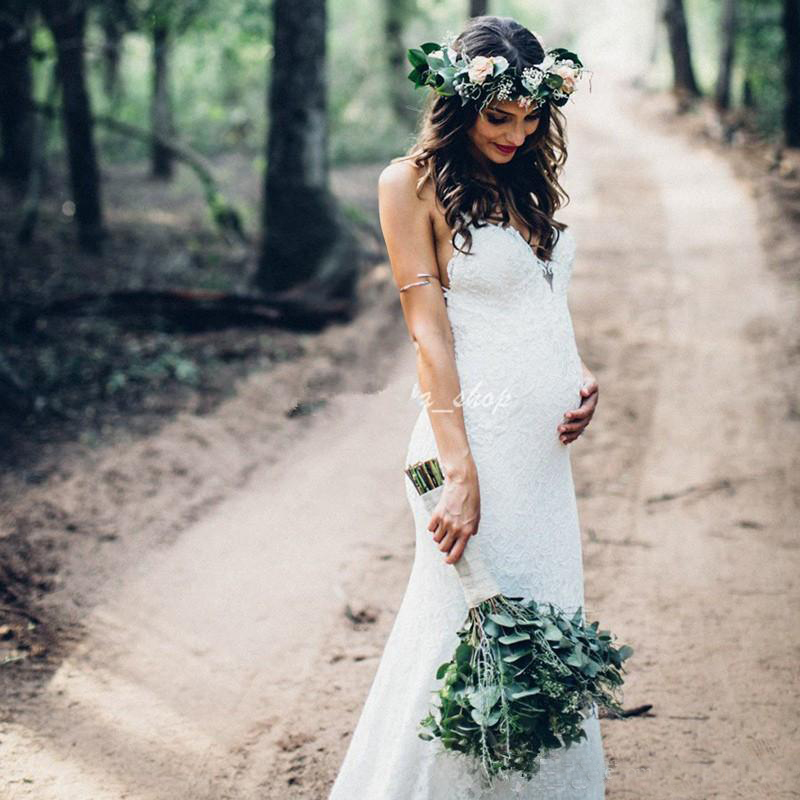 Charming Full Lace Pregnant Wedding Dresses Spaghetti Backless Mermaid Sweep Train Garden Country Bridal Gowns Plus Size Customized