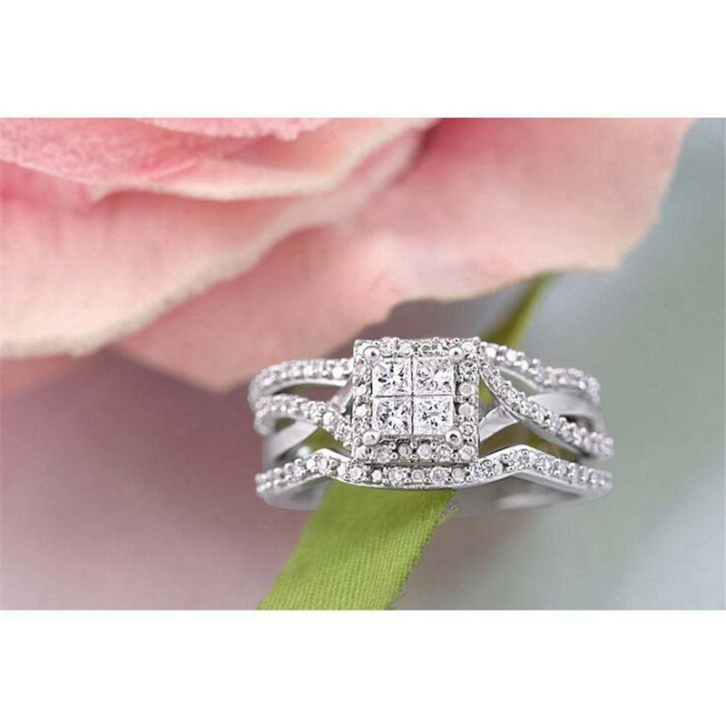 Vintage Fashion Jewelry 925 Sterling Silver Princess Cut White Topaz CZ Diamond Gemstones Trendy Party Women Wedding Bridal Ring Set Gift