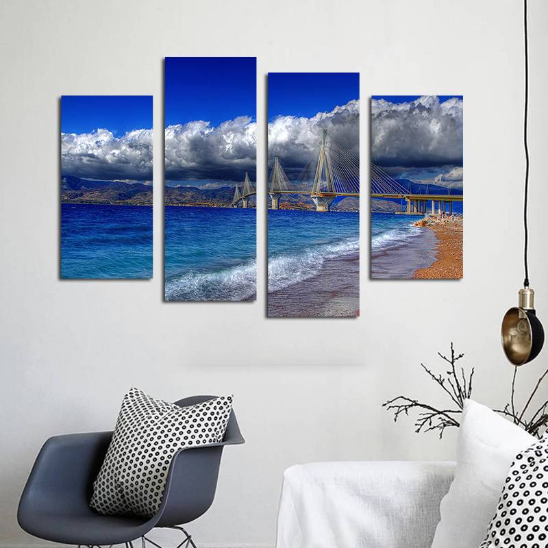 4pcs/set Unframed Blue Scenery of Brooklyn Bridge Cloud Print On Canvas Wall Art Picture For Home and Living Room Decor