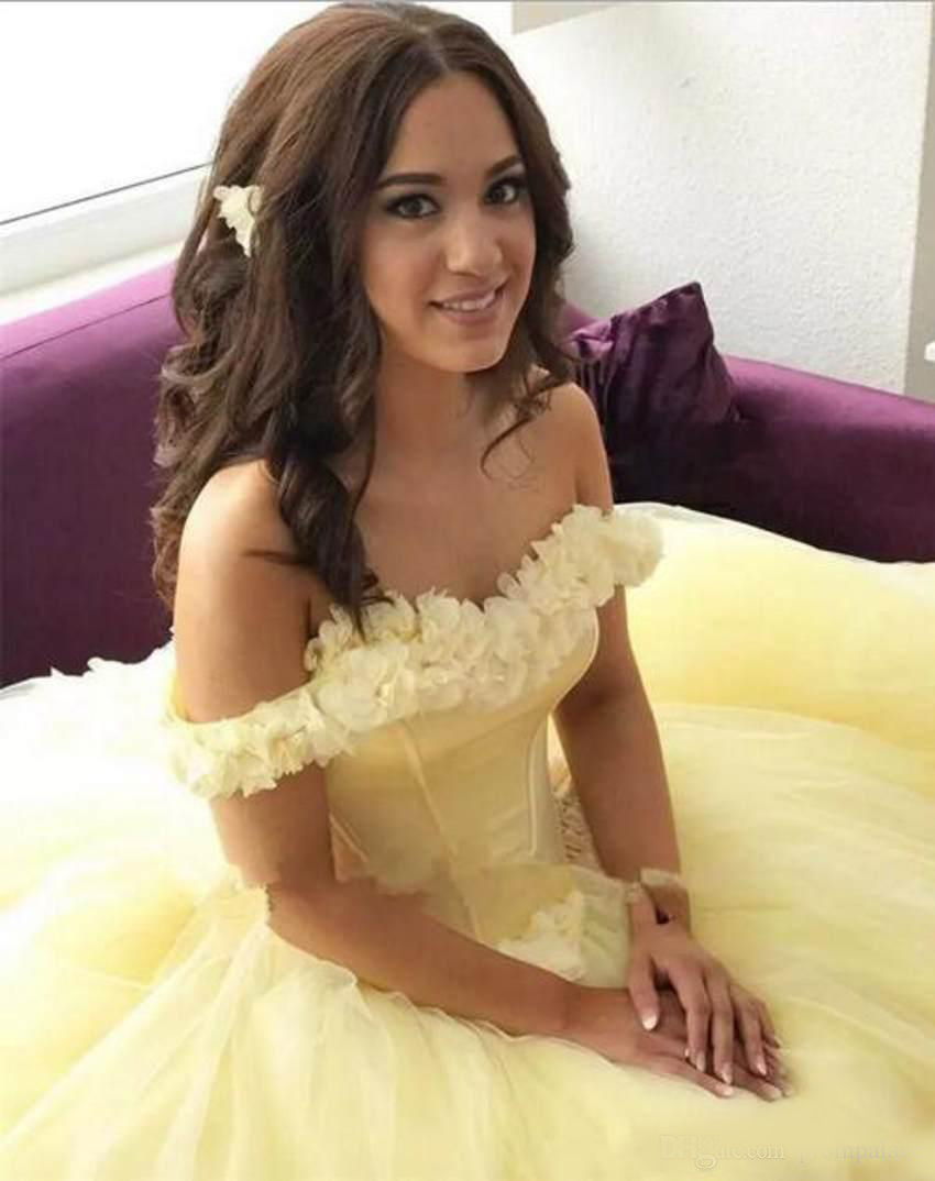 Gorgeous Yellow Quinceanera Dresses Off The Shoulder 3D-Floral Appliques Ball Gowns 2020 New Arrival Sweet 16 Dress Cheap Prom Dresses
