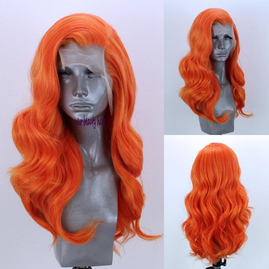 New celebrity style Orange Color Hair Wigs Natural Long Wave brazilian hair Wigs Heat Resistant Synthetic Lace Front Wigs for women