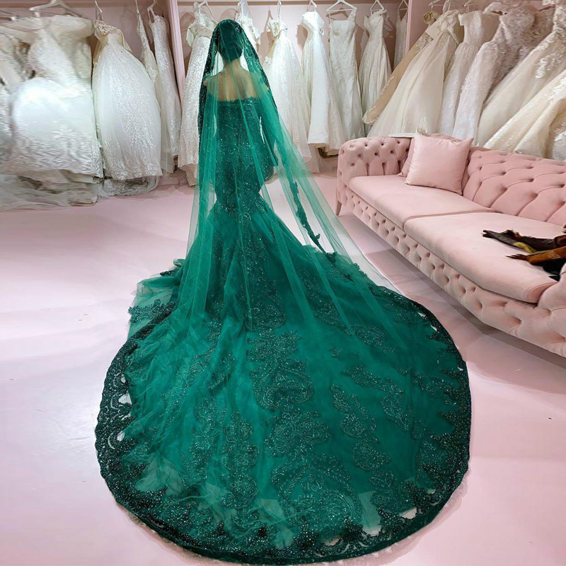 Brilliant Dark Green Muslim Mermaid Dresses Off The Shoulder Long Sleeve Beaded Wedding Gowns Sweep Train Tulle Abiti Da Sposa