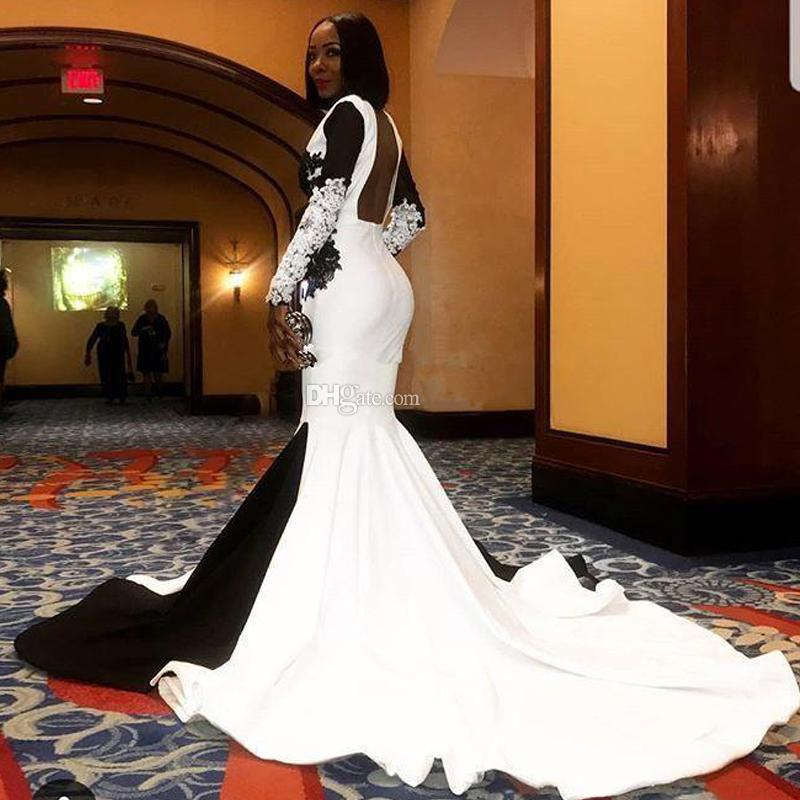 South African Mermaid Prom Dresses Deep V Neck Long Sleeve Lace Satin Evening Gowns Plus Size Party Dress Formal Wear Caftan Abendkleider
