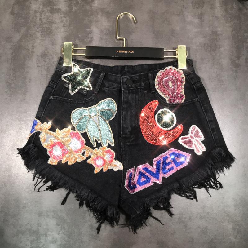 DEAT 2020 New Arrivals Moon Stars Sequins Embroidery Tassel Patch Raw Denim Shorts Female Fashion Tide Women ME670 MX200407