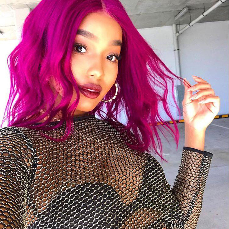 New deep part brazilian hair purple Short Wavy Bob Wigs High Temperature Fiber rose red Synthetic Lace Front Wig For White Women