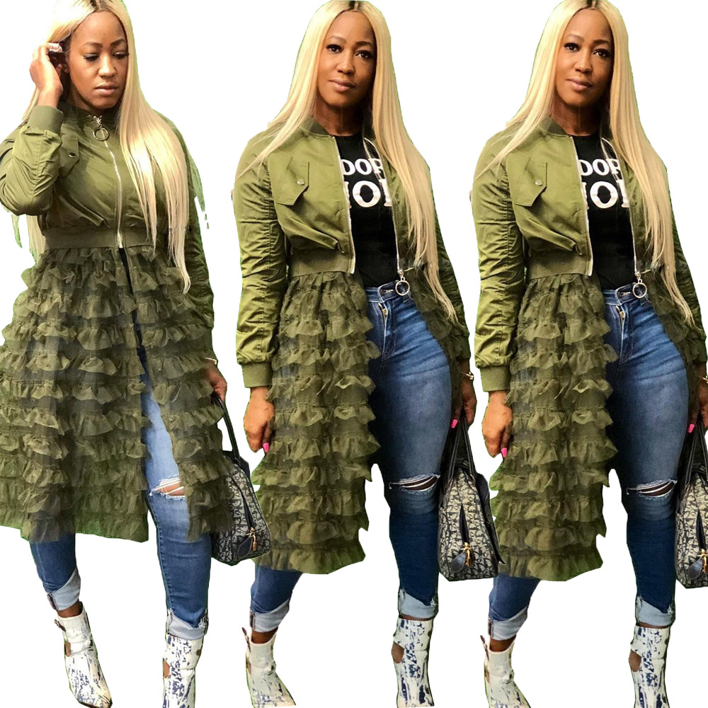 Women Autumn Winter Long Sleeve Jackets Fashion Mesh Patchwork Zipper Coats Y190810 - view 3