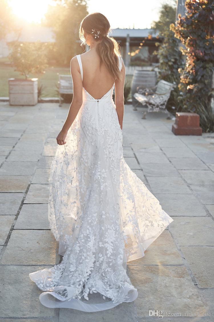 Line Bohemian A New Dresses Lace Applique V Neck Boho Sweep Train Bridal Gowns Backless Country Beach Wedding Dress Pplique pplique