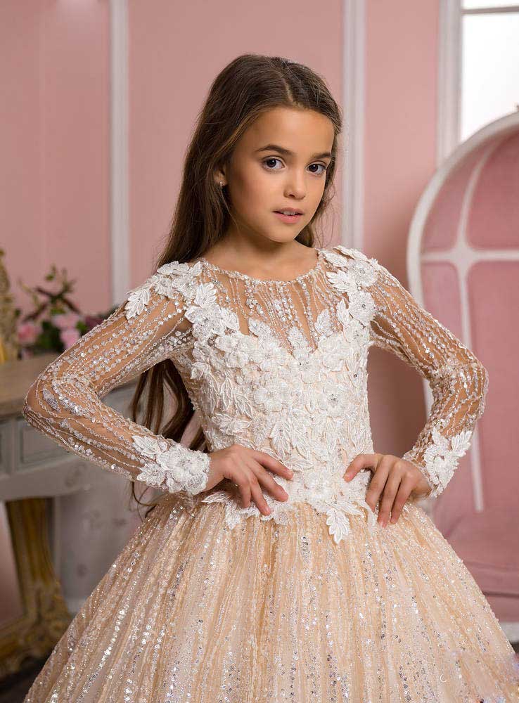 Luxurious BlingBling Flower Girl Dresses Long Sleeves Sheer Neck Little Girl Wedding Dresses Vintage Lace Communion Pageant Dresses Gowns