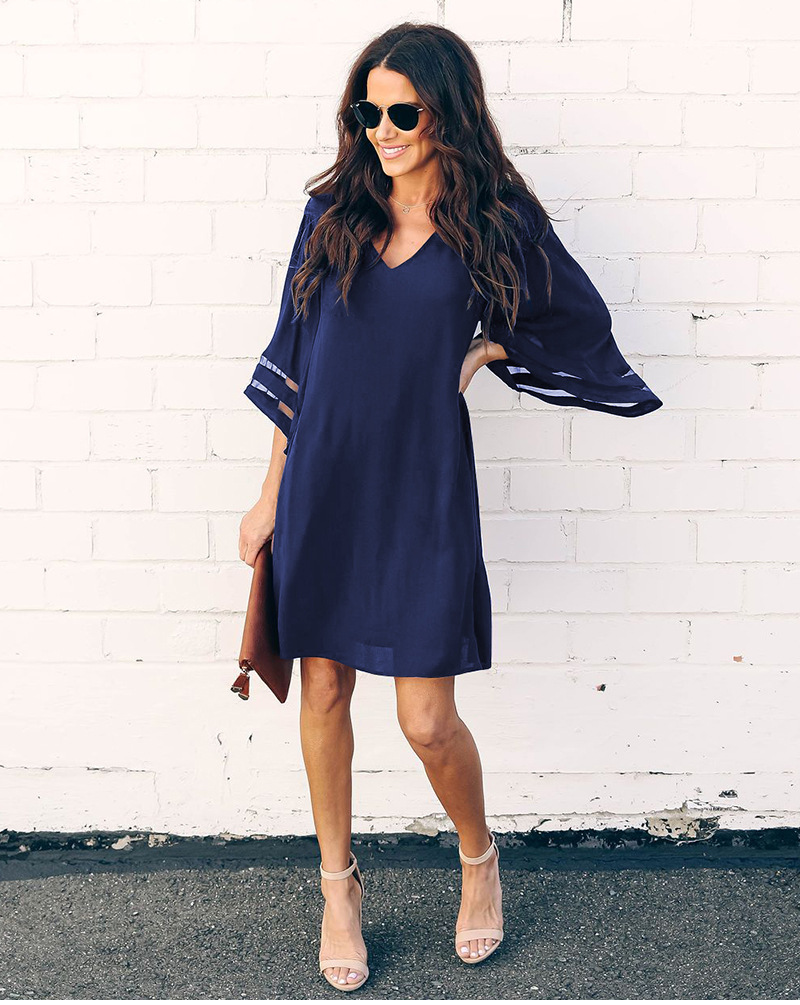 New Summer Women Fashion Elegant Geometric Gauze Tops Ladies Female Plus Large V-neck seven-quarter sleeve Dresses