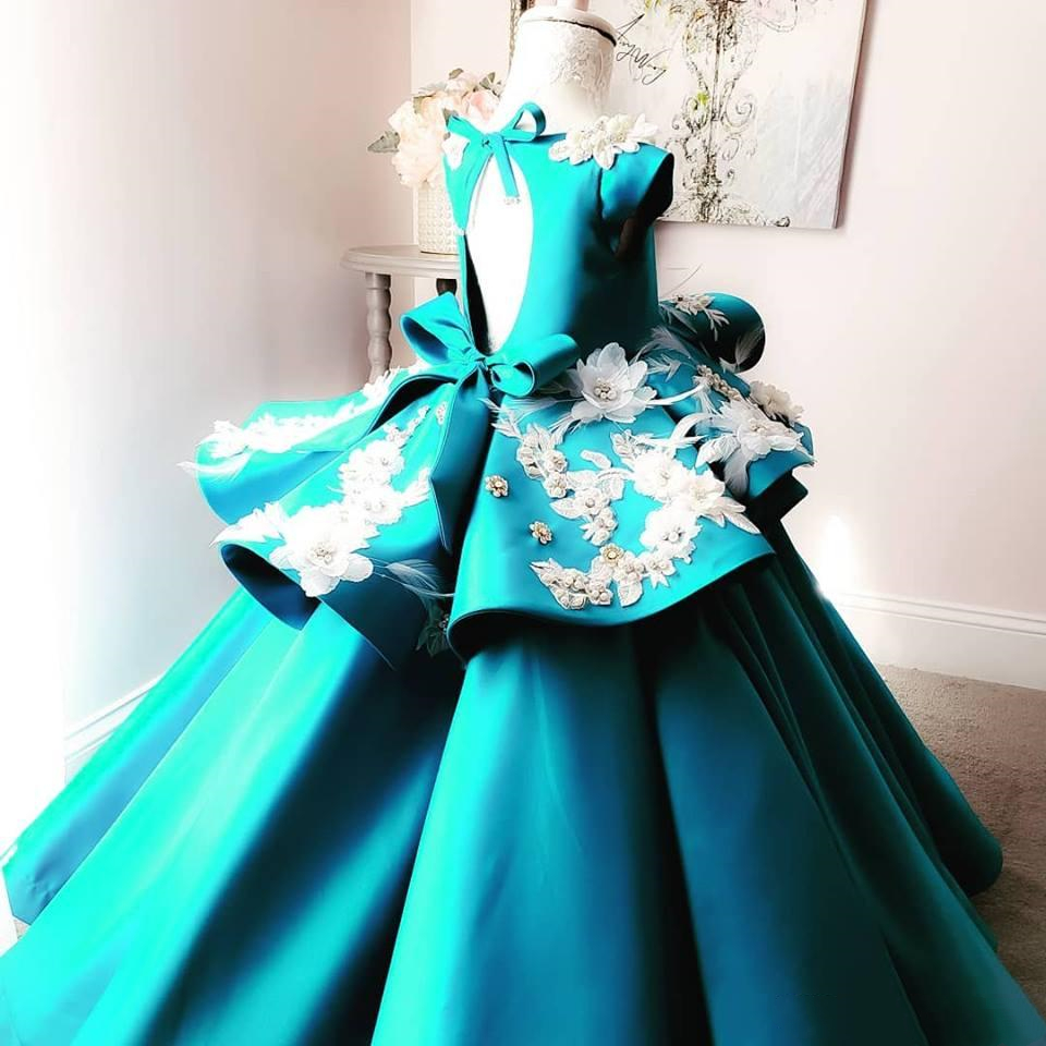 pearls blue flower girls dresses for wedding jewel neck birthday gowns 3d flower satin beading first communion dress ball gowns