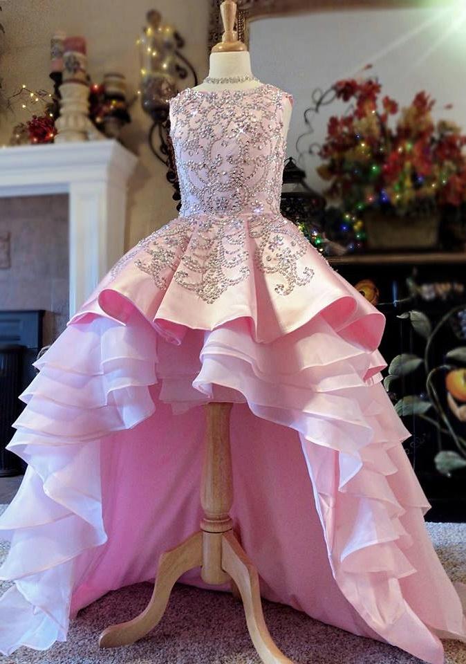 2019 High Low Flower Girl Dresses Jewel Neck Lace Up A Line Girls Pageant Gowns Beaded First Holy Communion Dresses Party Tiered Skirts
