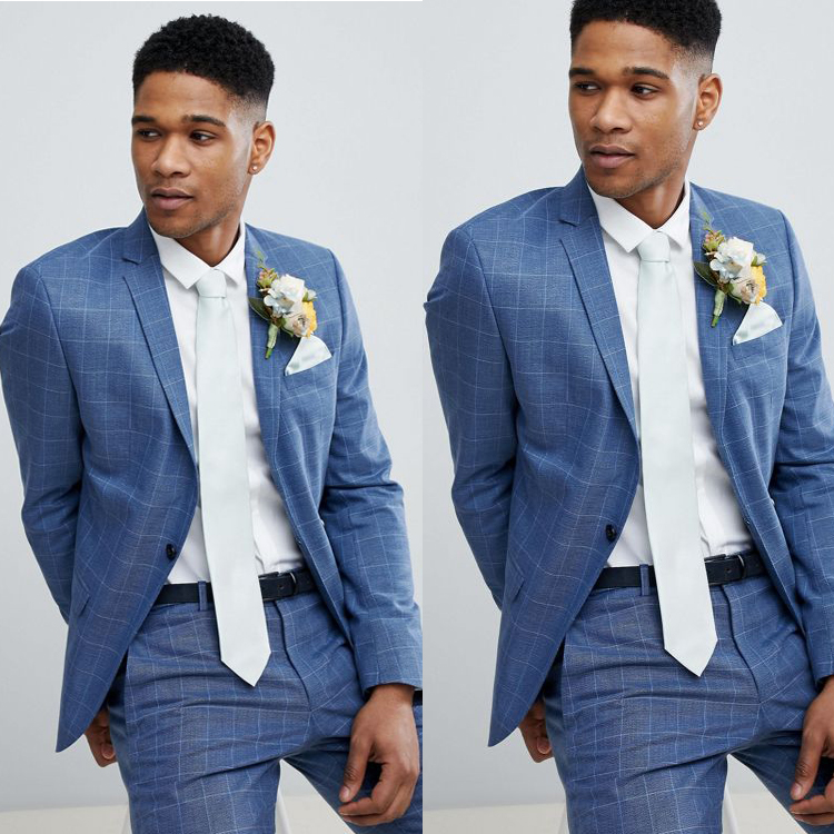 Light Blue Check Groom Wedding Tuxedos 2 Pieces Slim Fit One Button Mens Pants Suits Best Men Formal Blazer Jackets