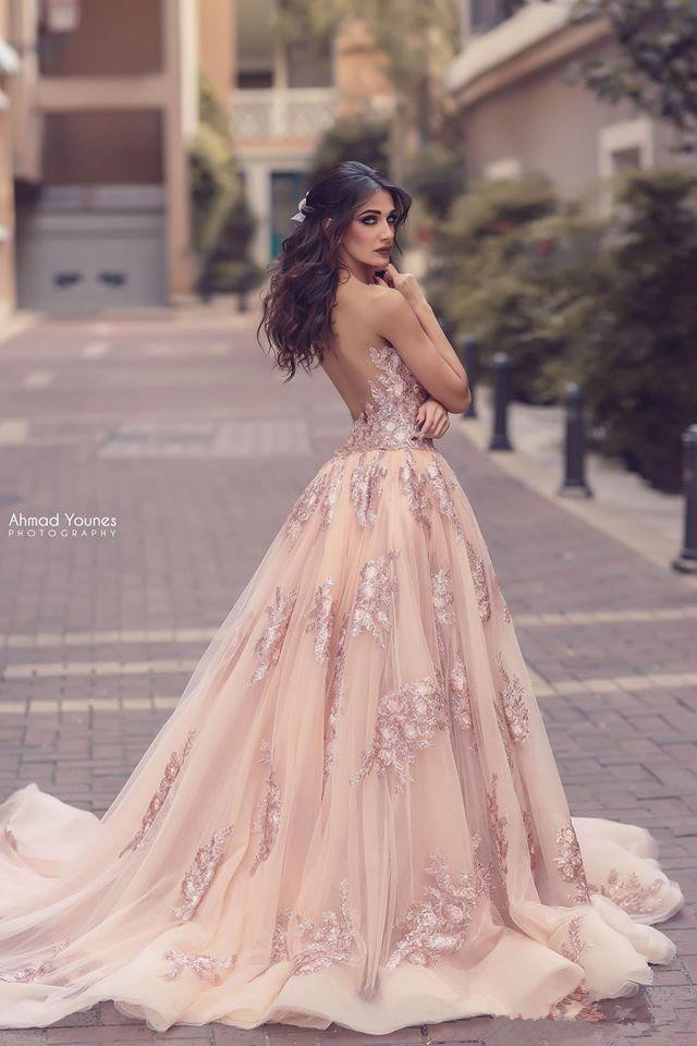 champagne Pink Lace Floral Prom Pageant Dresses with Detachable Train Sexy Split V-neck Dubai Arabic Princess Occasion Evening Gown