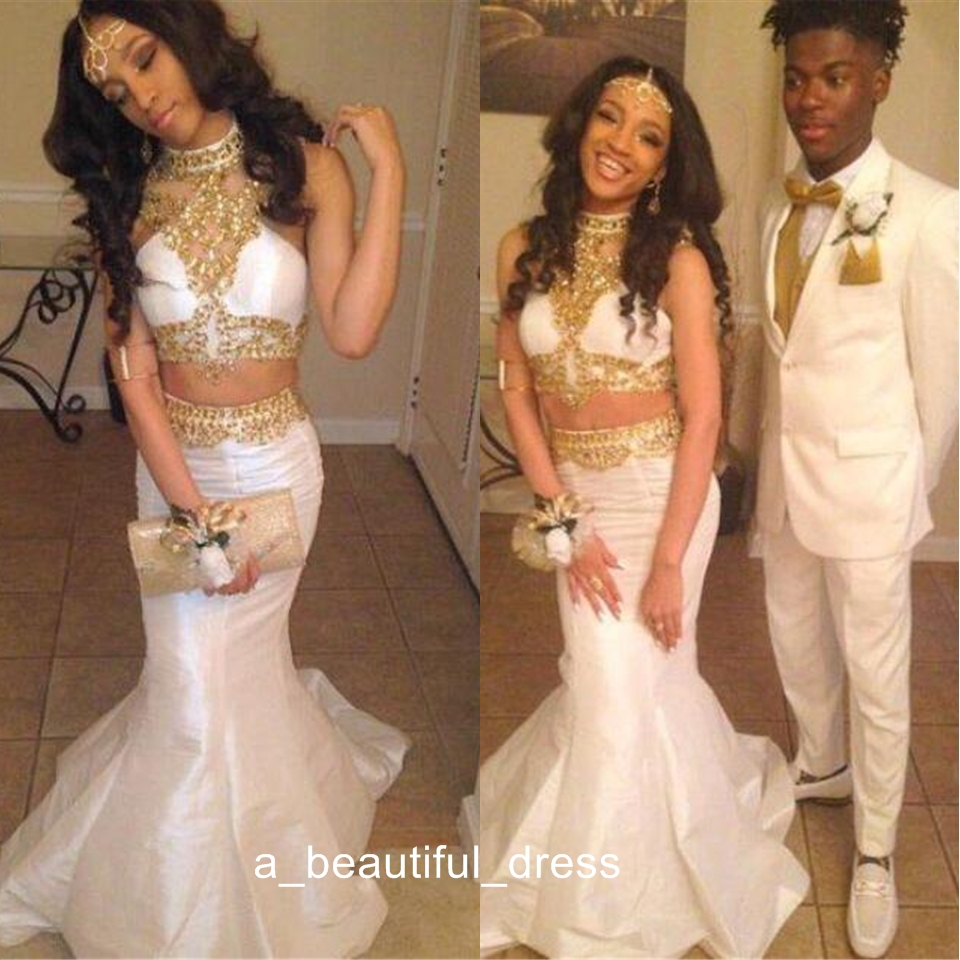 Sexy Black Girl Two Piece Prom Dress Mermaid White with Beaded Rhinestones 2 Pieces Prom Dresses Long Party Dress PD5572