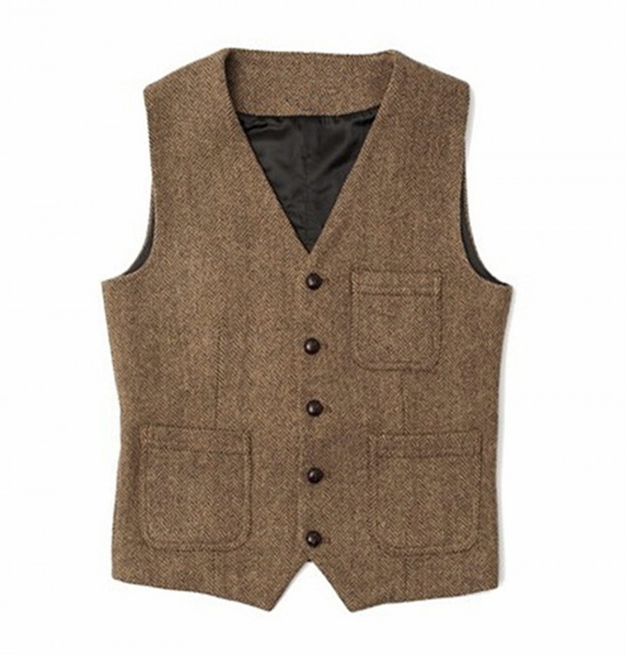 2019 Dark Green Groom Vests Country Wedding Wool Herringbone Tweed Vest Slim Fit Men's Suit Vest Dress Coat Dress Waistcoat Farm B124