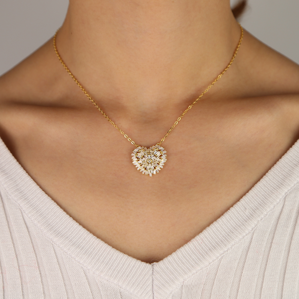 Baguette cz firework Heart pendant necklace for women gold silver high quality sparking bling cz collar